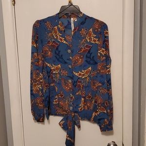 NY Collection Long Sleeve Botton Top w/ Tie